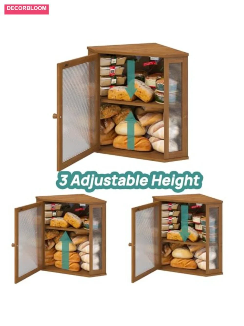 Large Capacity Bamboo Wood Bread Box, Corner Storage with Acrylic Wavy Door